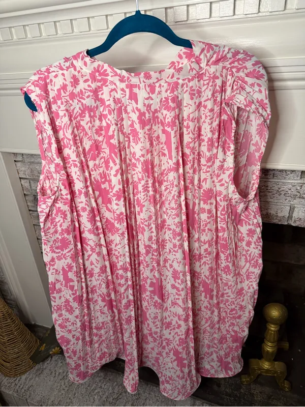 Umgee Pink White Floral Pleated Tie Neck Blouse Top Medium - Image 3