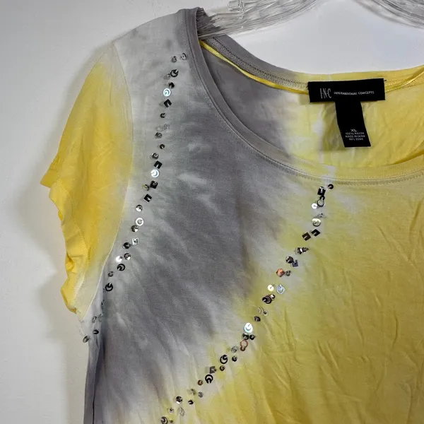 INC International Concepts Womens XL Yellow Tie Dye Sequin Stud Top - Image 3