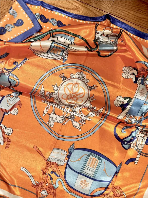 Vintage Equestrian HORSE&CARRIAGE print orange/blue oversized silky Scarf 35/35 - Image 17