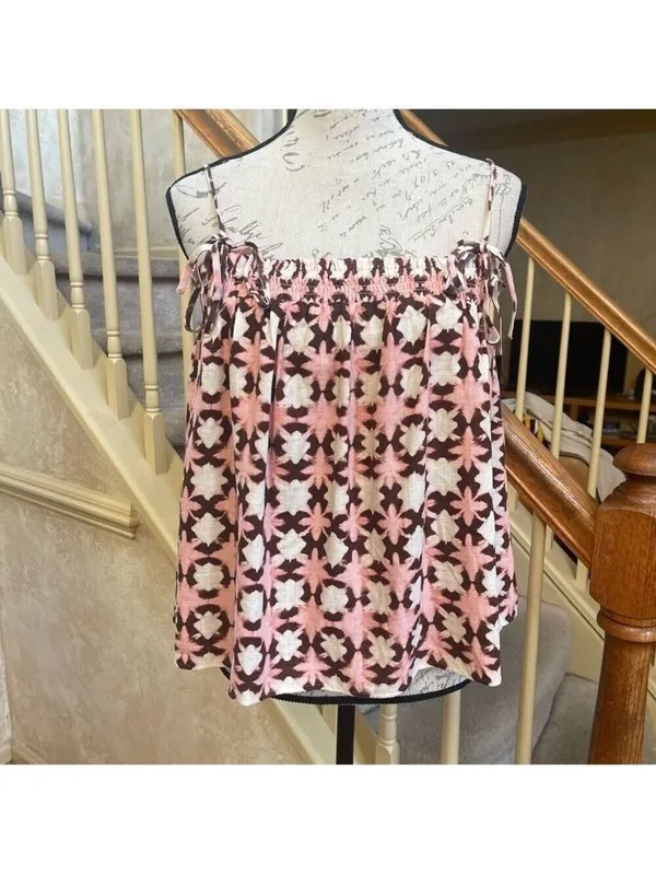 LOFT Geometric Print Linen blend Smocked Swing Tank Top Pink White Brown Size L - Image 3