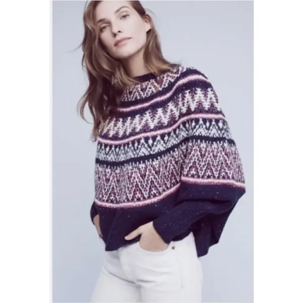 Anthropologie Sleeping on Snow Midland Nordic Fair Isle‎ Poncho Sweater M/L BL35 - Image 3