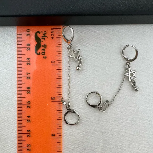 Double Piercing Dangle Chain Star Earrings for Women Silver - Image 4