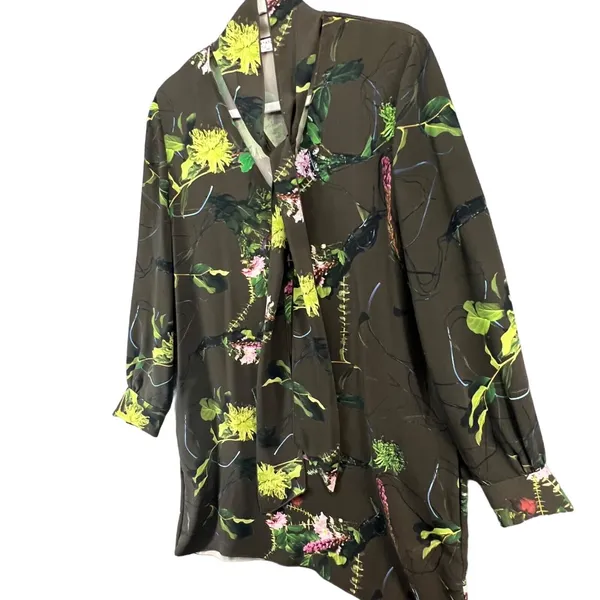 Babaton Tunic Mini Dress‎ S Green Floral Tie Neck Pockets Fairy Grunge Whimsy - Image 3