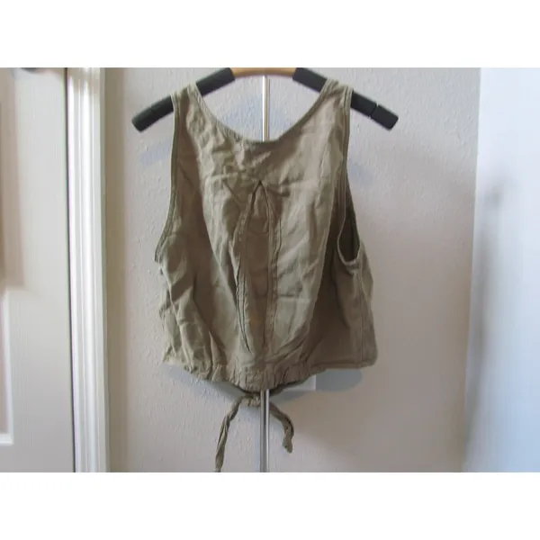 Free People Utility Vest Small Olive Green Linen Blend Tie Front Cropped Boho - Image 2