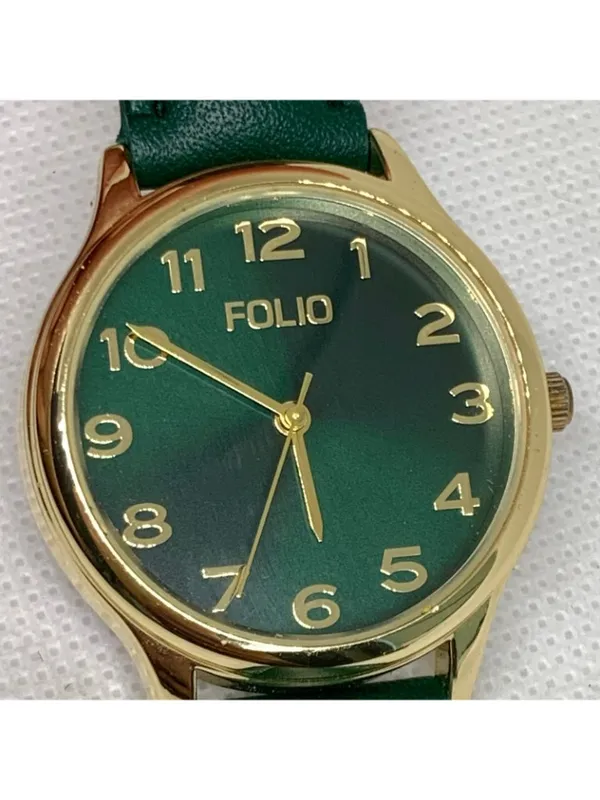 Folio gold tone women’s watch green dial leather band 34mm quartz analog running - Image 3