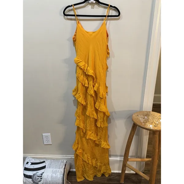 La Ligne Gio Marigold Silk Maxi Dress Ruffle Size Large Sun Tiered Dry Clean - Image 5