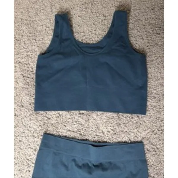 Women SHEIN Seamless Ribbed Activewear Set Sports Bra Biker Shorts Blue Large - Image 3