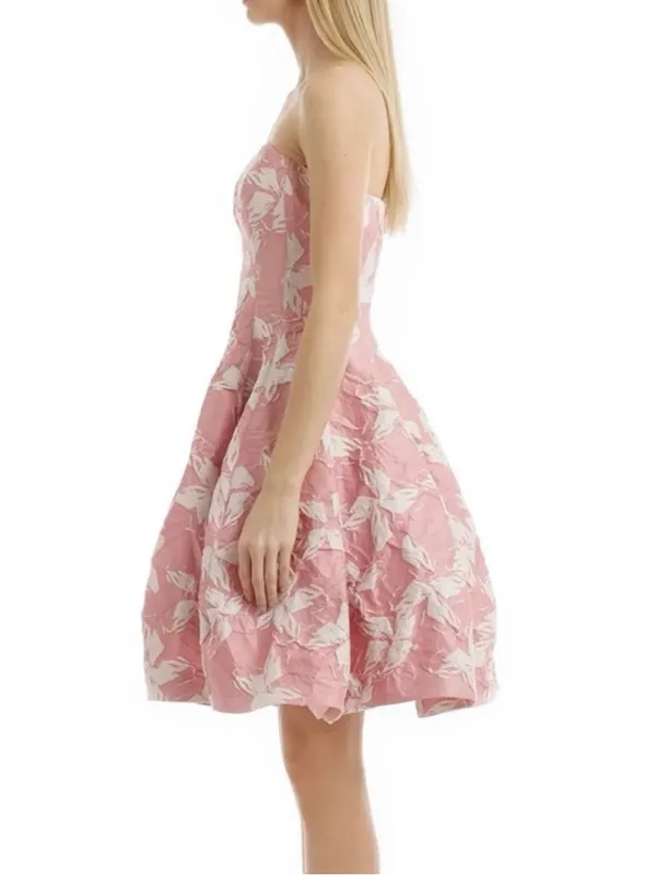 Halston Heritage Women’s Vie En Rose Strapless Pink White Floral Jacquard Dress - Image 9