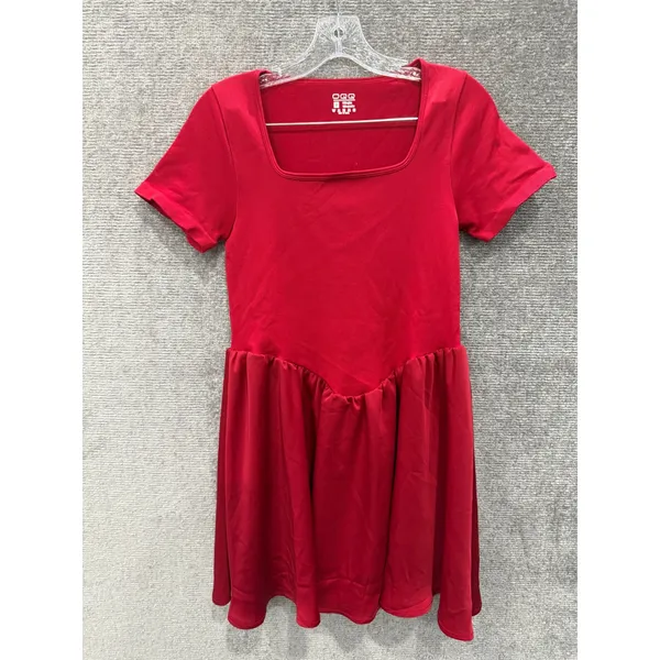 OQQ Mini Dress Womens Medium Red Ribbed Square Neck Fit & Flare Short Sleeve‎ - Image 2