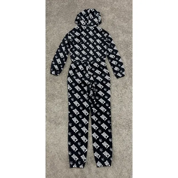 Y2K JUICY COUTURE Velvet Logo Print Hooded Jumpsuit Black Velour Vintage Glam XS - Image 6