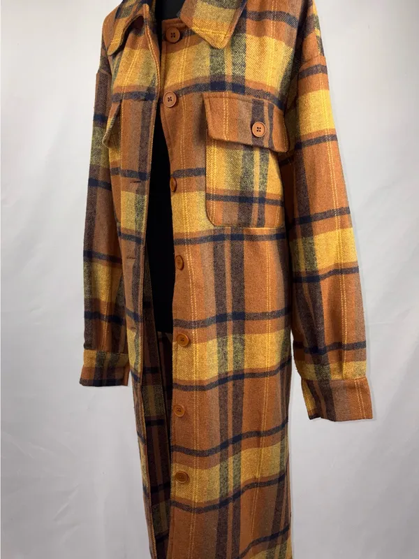 SheIn Plaid Trench Coat in Mustard & Brown - Image 4
