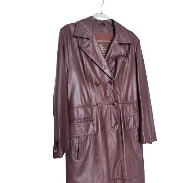 1970s The Tannery For Montgomery Ward Brown Leather Trench Coat M Long Coat - Image 4