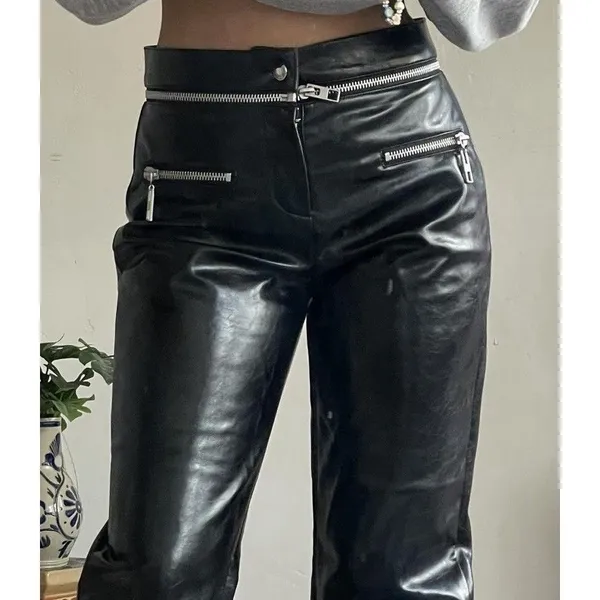 ZARA Bloggers Fave Black Faux Leather Pants Zipper Detail/Detachable Waist-Small - Image 2