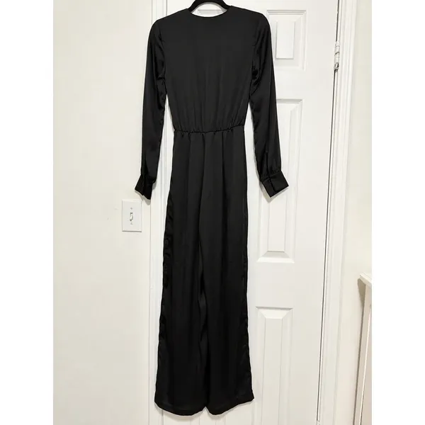 H&M Black Satin Wrap Front Wide Leg Jumpsuit Long Sleeve Size 2 - Image 4
