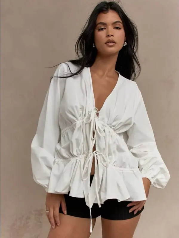 Missguided Tiered Ruched Balloon Long Sleeve Blouse Size L Drawstring Gathered - Image 2