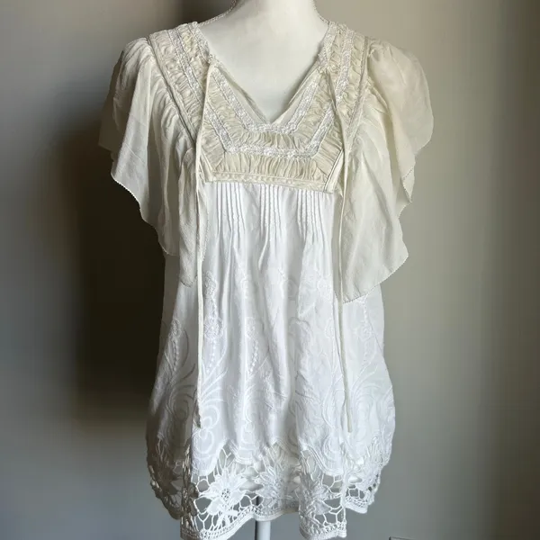 Vintage Miss Me Silk and Cotton White Floral Knit Blouse Top Boho Size Small - Image 2
