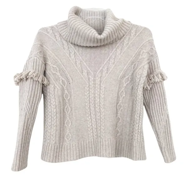Artisan NY Wool Blend Tan Knit Turtleneck Sweater Fringe Sz M - Image 6