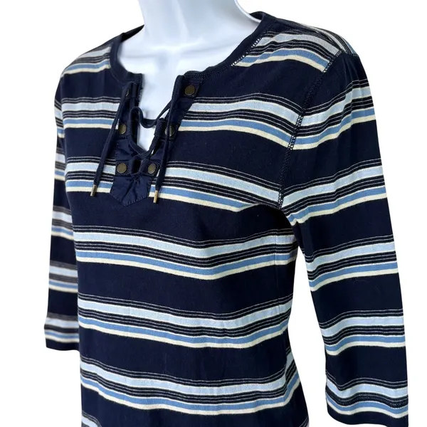 Vintage LRL Lauren Jeans Co Ralph Lauren Striped Lace Up 3/4 Sleeve Top Women S‎ - Image 2