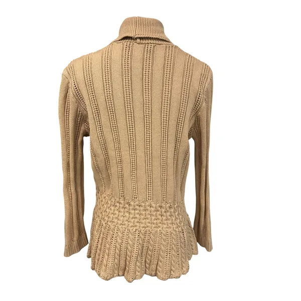 Chaps Petite Cable Knit Peplum Cardigan Boho 100% Cotton Shawl Collar Tan P/L - Image 5