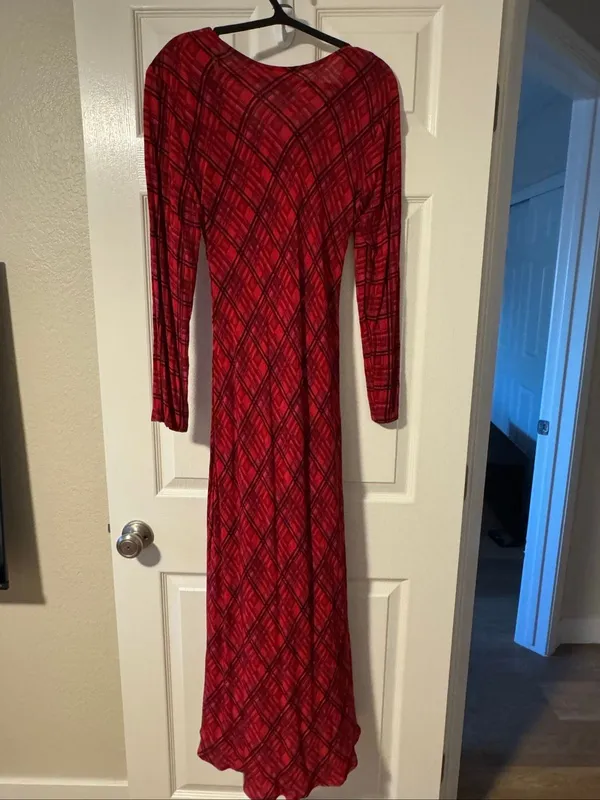 Vintage 1970s Lady Bug California Red Plaid Long Sleeve Maxi Dress 3/4 - Image 6