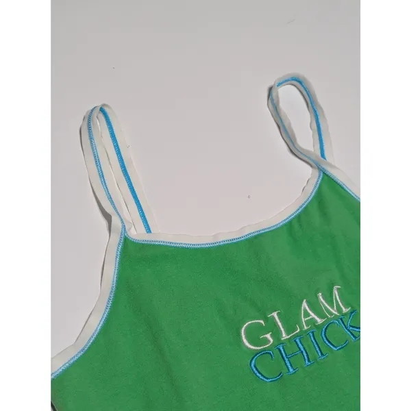 Vintage Y2K Glam Chick Cami Tank Top Baby Camisole Green Embroidered - Image 3