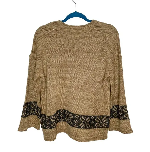 Hem & Thread Tan Knit Gray Fair Isle Stripe 3/4 Length Sleeve Sweater - Image 9