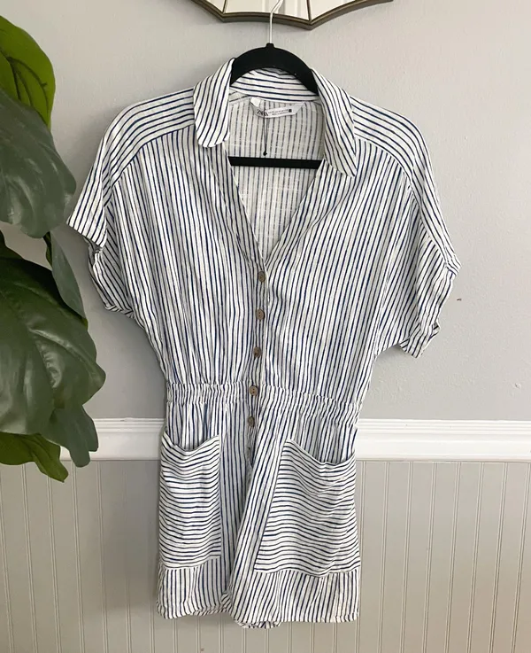 Blue White Stripe Lined Blend Button Down Shirt Short Romper Jumpsuit - Image 3