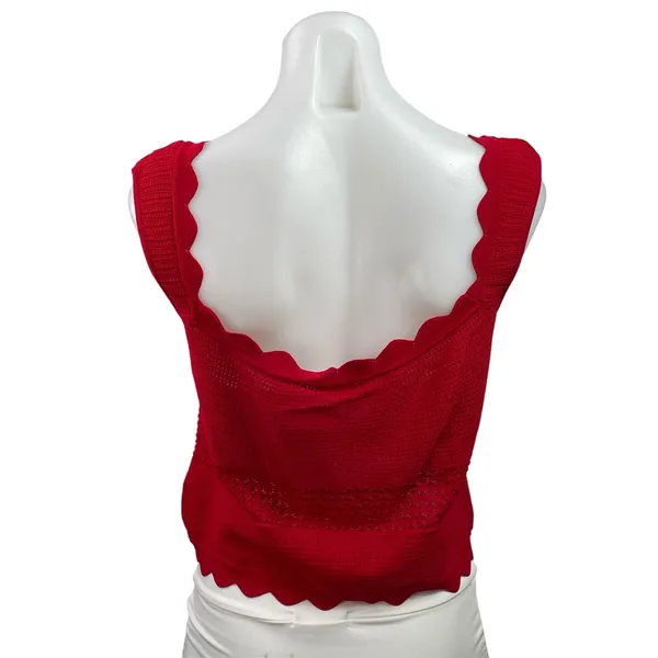 Meshki Women's Red Sleeveless Knit Scalloped Button Up Tank Crop Top Size L - Image 3