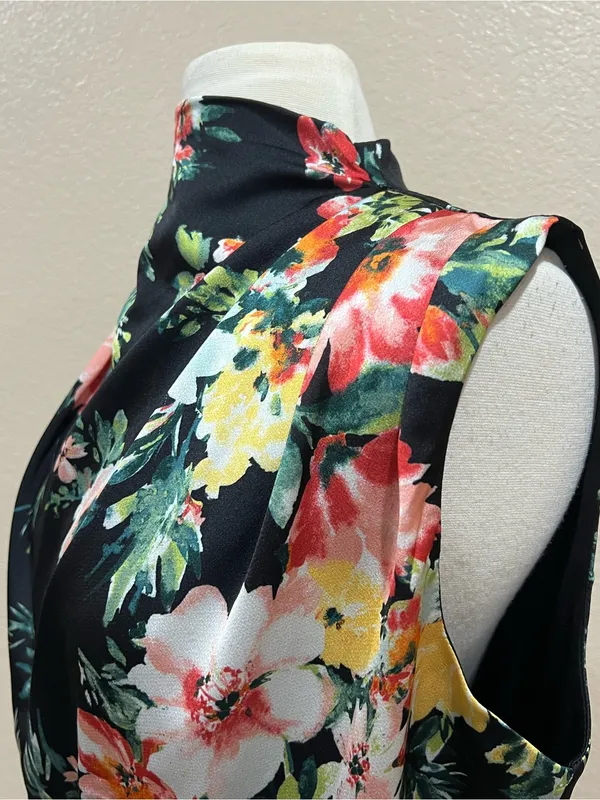 Maurices Black Floral Funnel Neck Satin Midi Dress Size Medium - Image 6