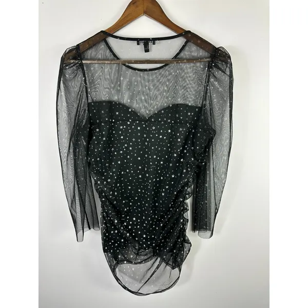 Express Black Celestial Star Ruched Top Sheer Long Sleeve Whimsigoth Y2K Indie‎ - Image 6