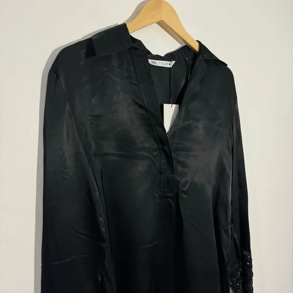 Zara Black Satin Blouse Embellished Jeweled Wide Cuffs Small Elegant Minimalist‎ - Image 3
