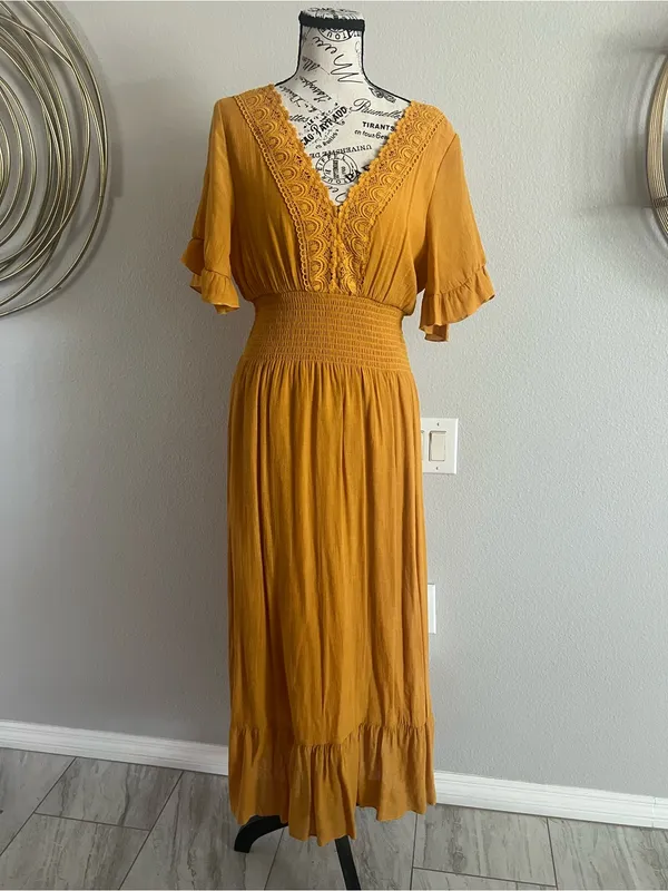 Smocked-Waist Mustard Maxi Dress with V-Neck and Flutter Sleeves - Image 4