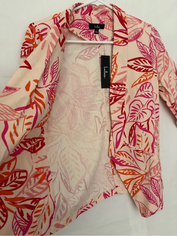 NWT Lulus Women Pink Orange Tropical Leaf Print Linen Blend Blazer Jacket S(A886 - Image 5