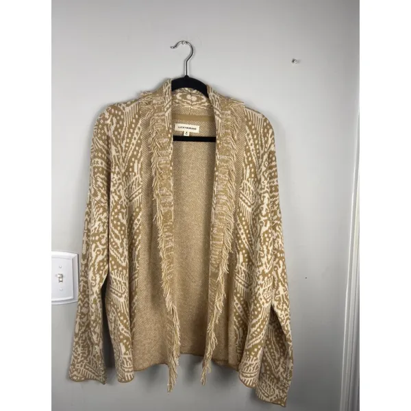 Women's Lucky Brand Tan White Patterned Fringe Cardigan M Boho Festival - Image 2