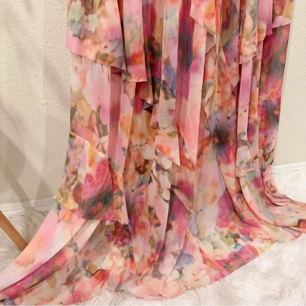 Liv Foster Printed Floral Mesh Gown Pink Multi Size 6 NWT Wedding Prom Party - Image 4