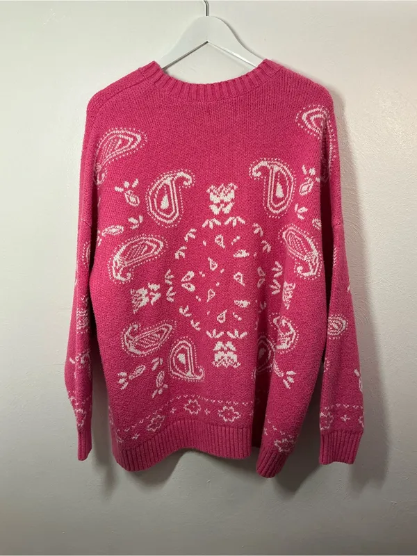American Eagle Outfitters Hot Pink Paisley-Print Crewneck Sweater Size XL - Image 2