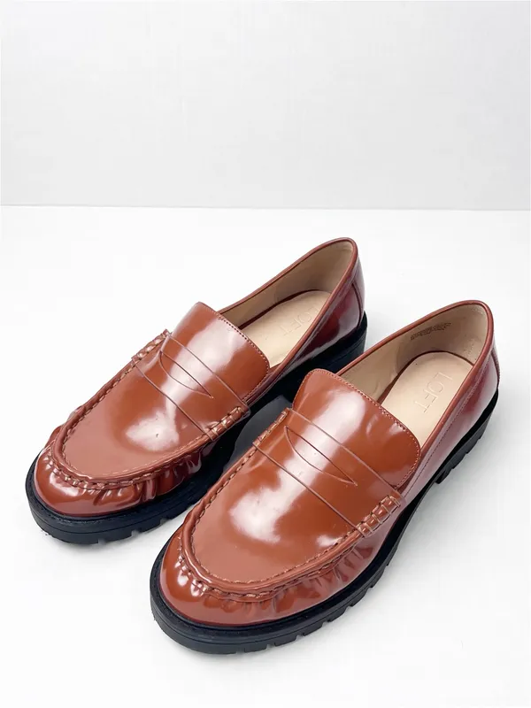 LOFT Brown Faux Leather Slip On Penny Loafers Size 9.5M Preppy Casual Minimalist - Image 8