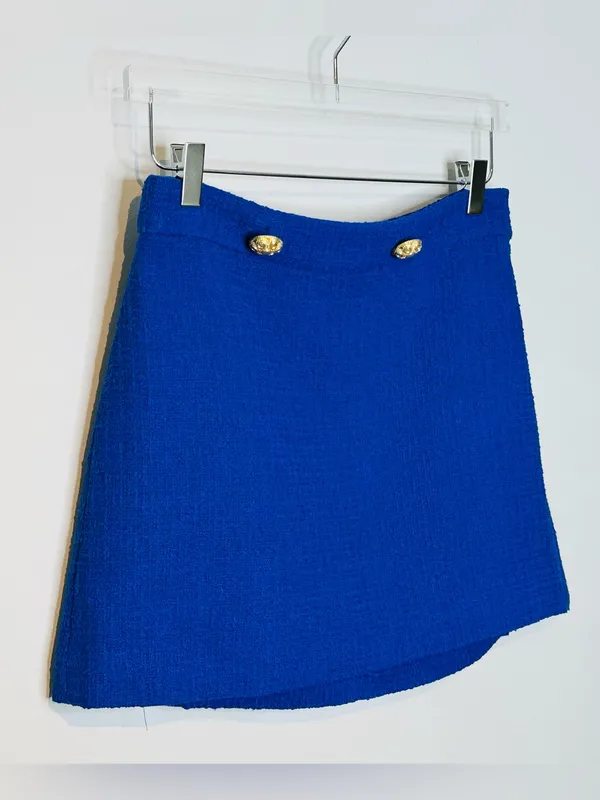 Zara Sapphire Blue Tweed Mini Skirt with Gold Buttons - Image 6