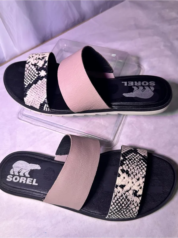 Sorel Two-Band Slide Sandals in Pink and Black Snake Print - Image 3