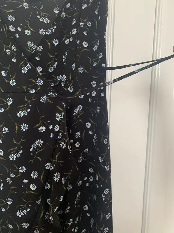 Divided Black Floral Wrap Dress - Image 7