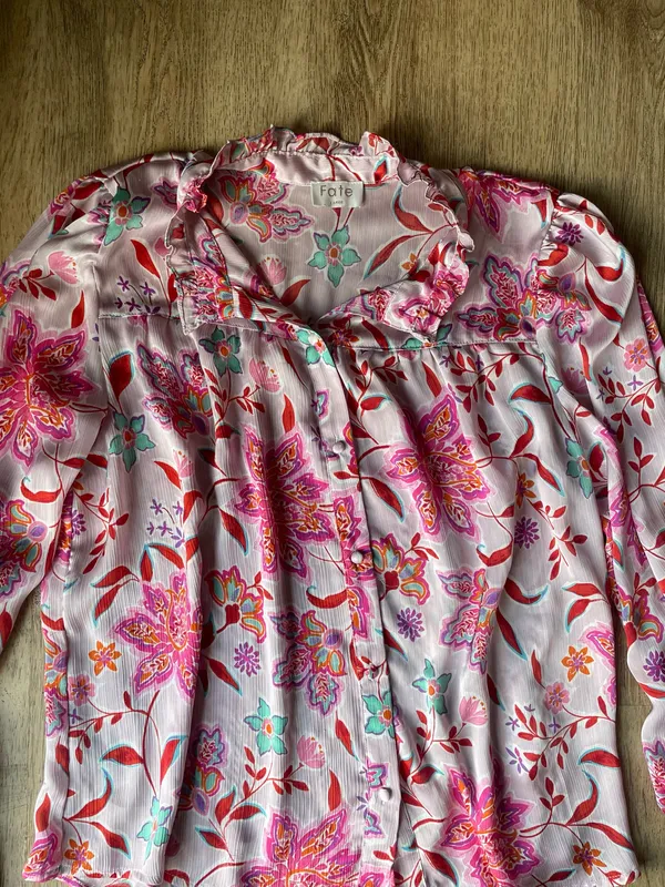 Fate Pink Floral Ruffle Blouse Long Sleeve Size L Romantic Boho Top - Image 2
