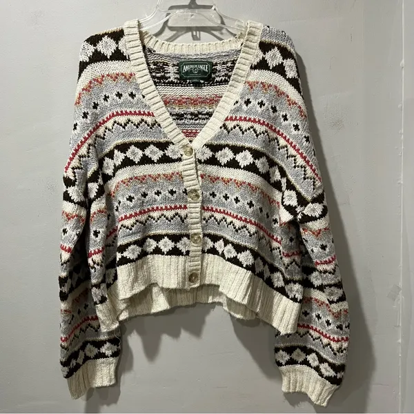 American Eagle Women’s Multicolored Cropped Cardigan Ski Sweater Size Large‎ - Image 3