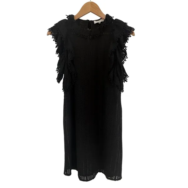 Sugar + Lips‎ Eyelet Ruffle Mini Dress Womens Small Black Pom Pom Trim STD10938 - Image 2