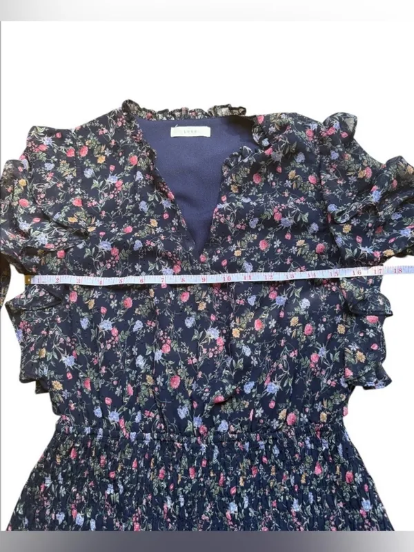 Lush Clothing Floral Smocked Mini Dress Medium Navy Blue Ruffle Long Sleeve Cottagecore - Image 4