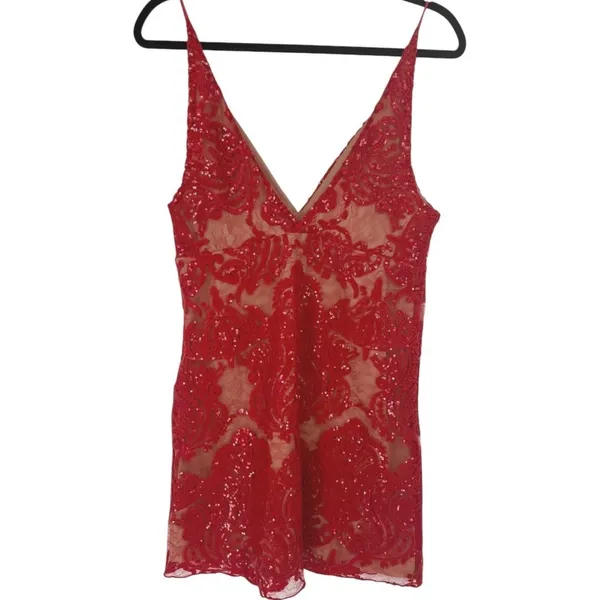 NWT Free People Night Shimmers Mini Dress Red Lace Sequin V Neck Size 10 Glam - Image 6