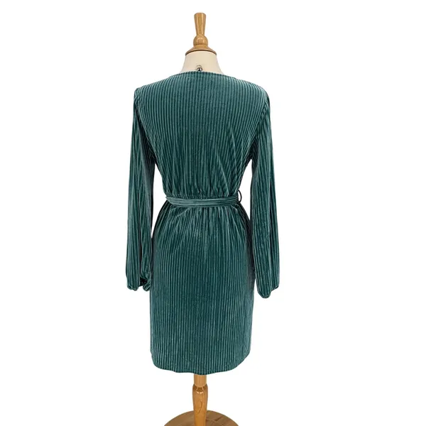MEROKEETY Teal Ribbed Velvet Wrap Dress Long‎ Sleeve Tie Waist Size Large - Image 3