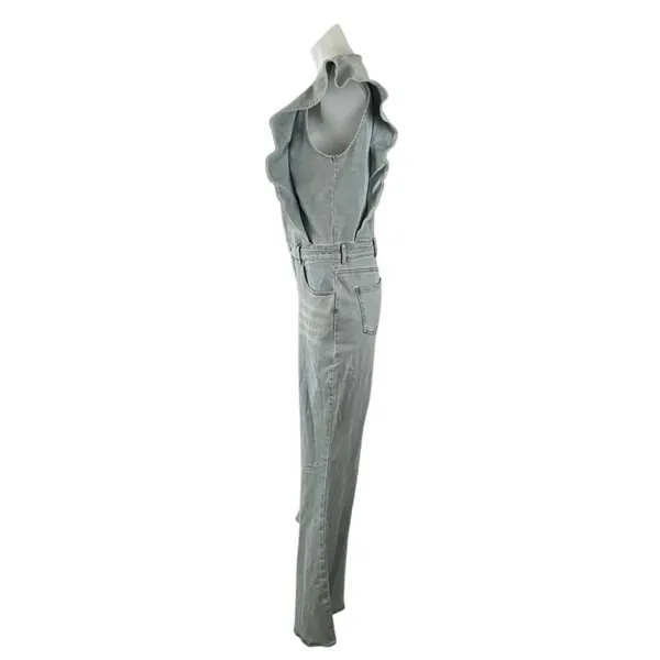NEW Blue B Retro Ruffle Sleeve Bell Bottom Button Up Denim Jumpsuit Romper Sz L - Image 3