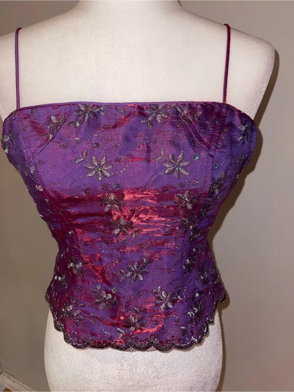 Purple Floral Beaded Spaghetti Strap Top - Image 2