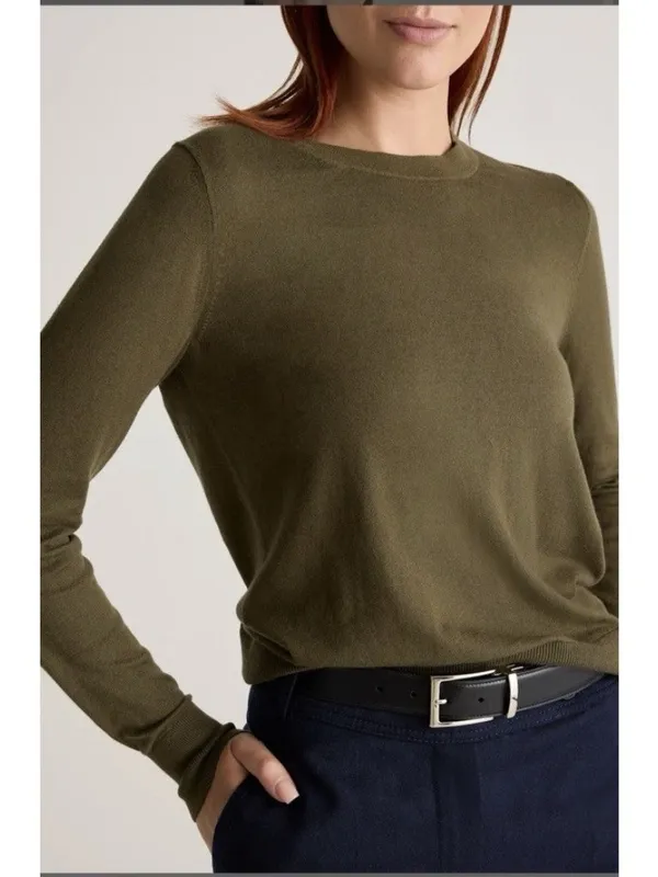 Quince Lightweight Cotton Cashmere Crew Neck Long Sleeve Sweater Olive Size M - Image 3