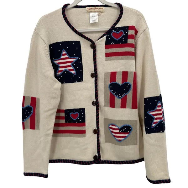 Vintage Womens XL USA Americana Patriotic Cardigan Sweater Cotton Stars Olympics - Image 2